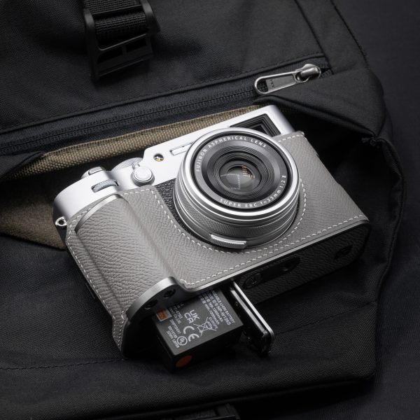 เคส Fuji X100VI แบบมีกริป สีเทา ฐานสีเงิน หนังคาเวียร์ Kontice Leather Case Gray