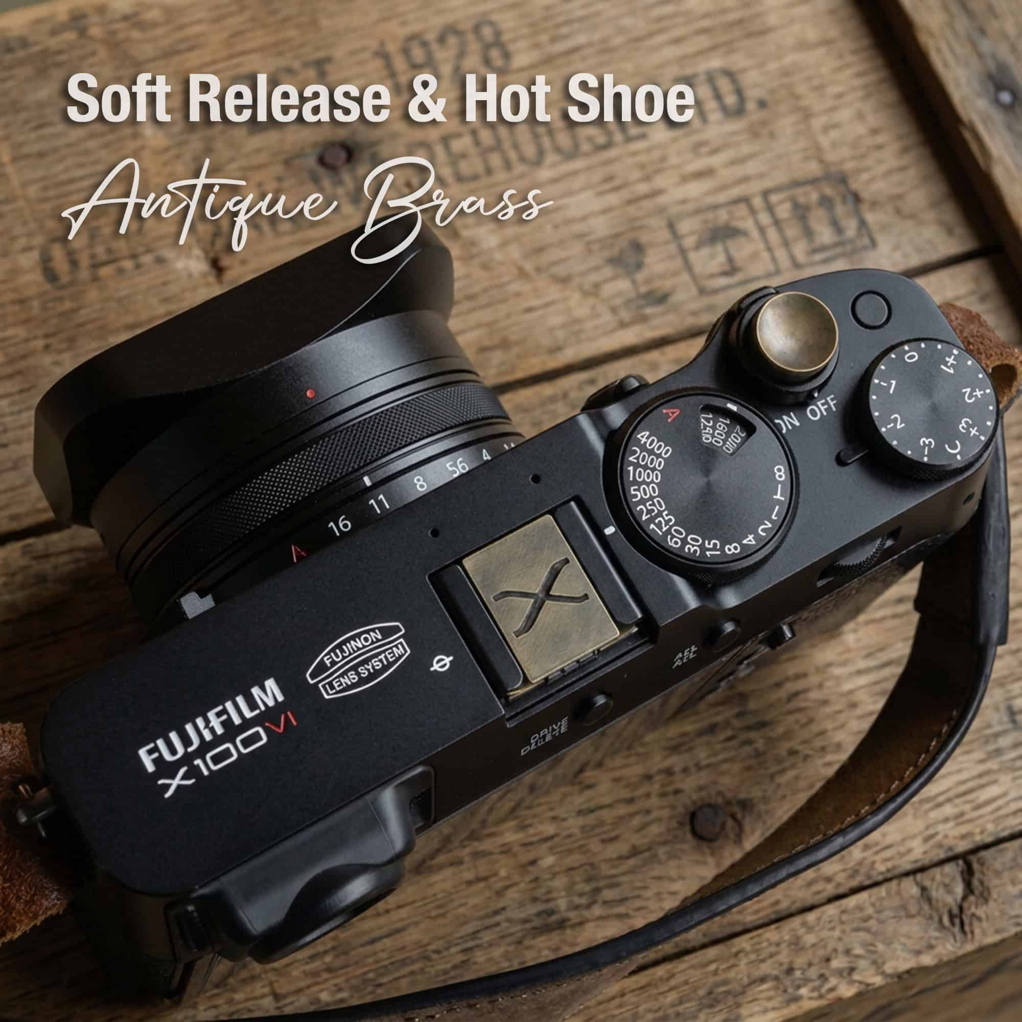 ชุดเซ็ท Hot Shoe Cover และ Soft Release Antique Brass Fuji X-Series ตัวปิดช่องแฟลชและปุ่มชัตเตอร์ ทองเหลืองรมดำ Engraving